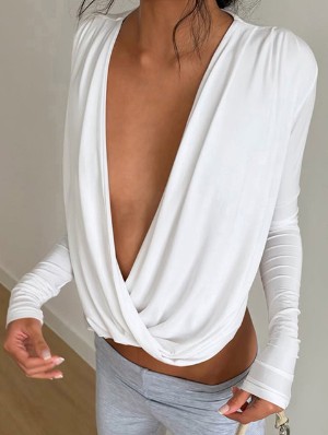 Solid Color Ruched Deep V Neck T-shirts