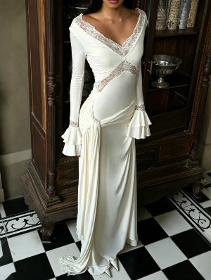 Lace Spliced Bell Sleeve Slim Sexy Maxi Dress