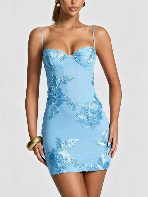 3D Flower Tie Waist Sleeveless Party Dress