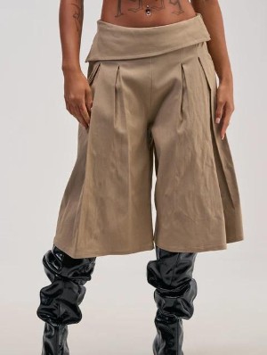 Solid Fold Over Waist Wide Leg Capri Pants