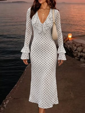 Deep V Polka Dots Split Long Dress