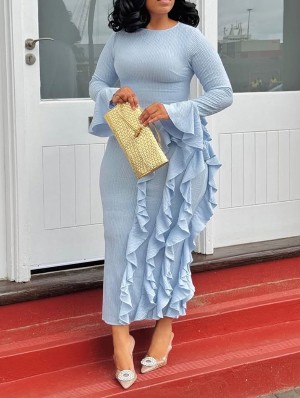 Long Sleeve Ruffle Trim Bodycon Long Dress