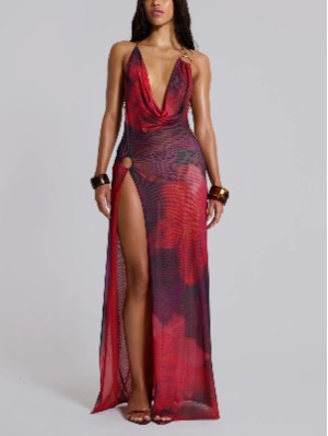 Metal Decor Halter Backless Split Hem Maxi Dress
