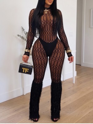 Rhombus Lattice Gauze Sheer Fitted Jumpsuits