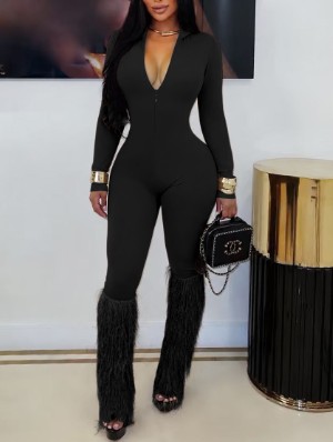 V Neck Zipper Tassel Fur Trim Jumpsuits