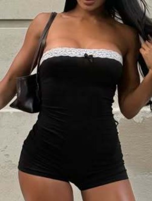 Lace Detail Strapless Fitted Rompers