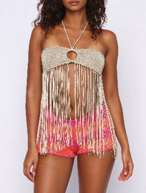Halterneck Lace Up Hollow Fringe Sleeveless Top
