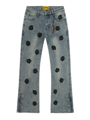 PU Embroidery Distressed Vintage Jeans
