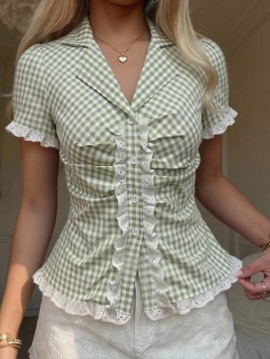 Patchwork Print Puff Sleeve Blouses