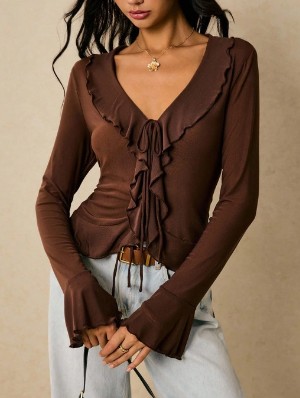 V Neck Long Sleeve Terylene Design Tops