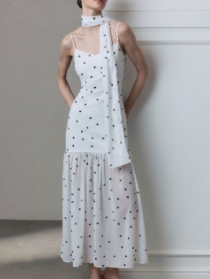 Scarf Detail Polka Ruffle Maxi Dress
