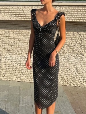 Ruffle Trim Deep V Midi Dress
