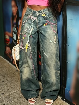 Colorblock Printed Denim Wide Leg Jeans
