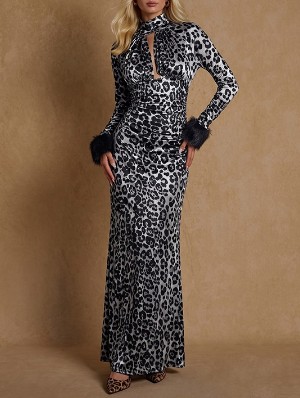 Leopard Hollow-out Fur Trim Maxi Dress