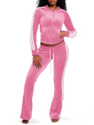 Velour Striped Trim Zipper Coats Pant Sets