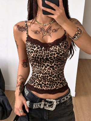 Chic Leopard Print Lace Trim V Neck Bow Cami