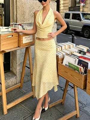 Halter Sleeveless Terylene Skirt Sets