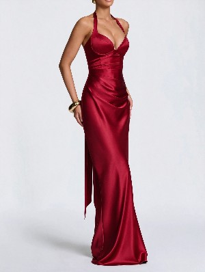 Halter Satin Plunge Ruched Lace Up Backless Gown