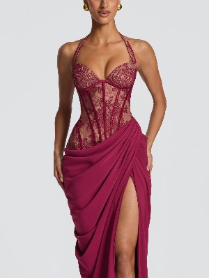 Halter Ruched Lace Spliced Split Maxi Dress