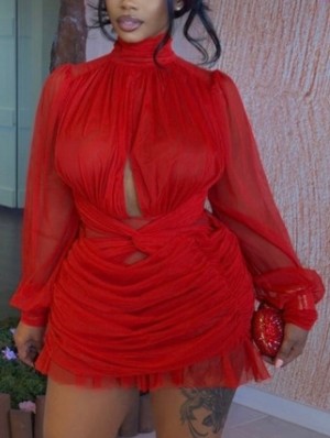 Irregular Ruched Twist Gauze Sheer Mini Dress