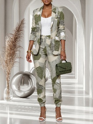 Printed Blazer Suit Office Two Piece Pants Set
