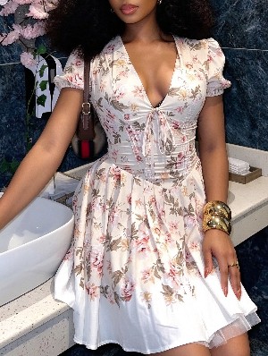 Boho Floral Puff Sleeve A Line Dress