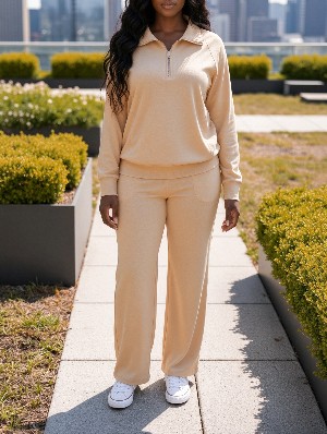Half Zip Sweatshirt And Wide Leg Pants Set