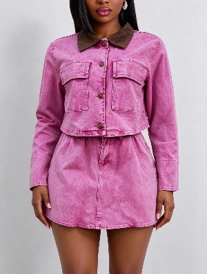 Lapel Pocket Button Up Coat And Skirt Set