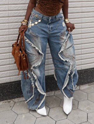 Chic Frayed Hem Destroyed Curved Cut Jeans