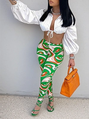 New Solid Blouse With High Waist Pants 