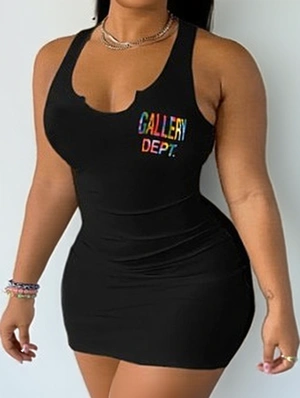 Letter Printed Sleeveless Bodycon Mini Dress