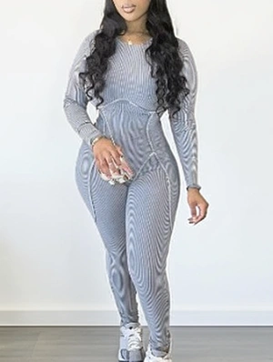 Solid Color Rib Long Sleeve Jumpsuit