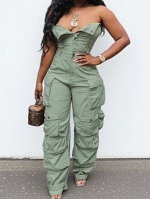 Solid Color Sleeveless Cargo Jumpsuit