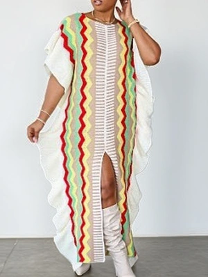 Ruffle Knitting Colorblock Striped Maxi Dresses