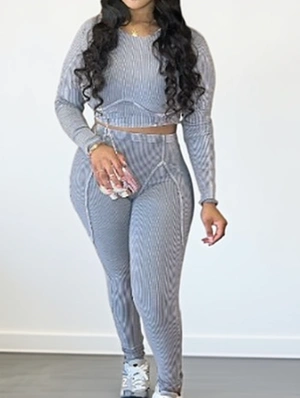 Geometric Pattern Rib Bodycon Pants Sets