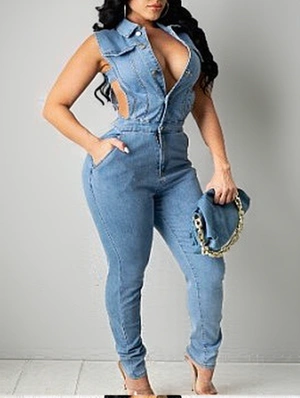 Waist Cut Sleeveless Collar Denim Jumpsuit