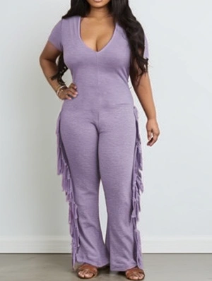 Fringe Short Sleeve Fitted Jumpsuit