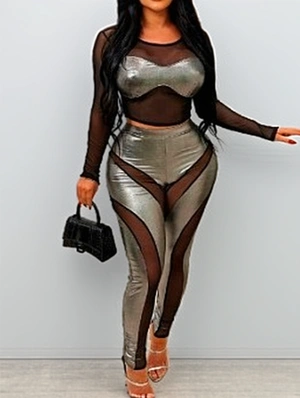 Metallic See Through Patchwork Trouser Sets