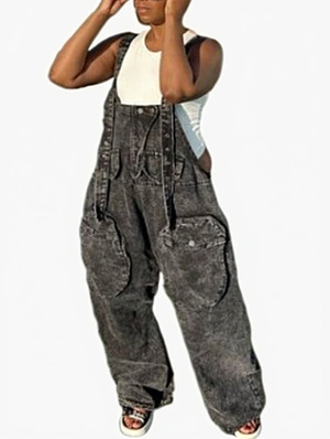 Pocket Patchwork Denim Wide Leg Overalls