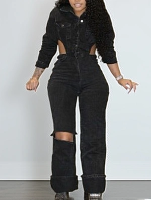 Hollow Out Collar Buckle Denim Jumpsuit