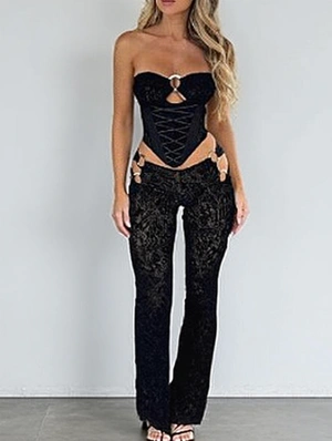 Hollow Out Perspective Tie-wrap Flocking Pants Sets