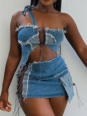 Tie-wrap One-shoulder Denim Skirt Sets