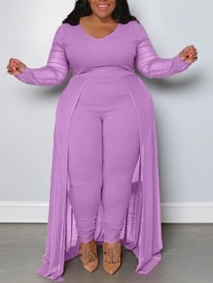 Patchwork V Neck Long Sleeve Jumpsuit