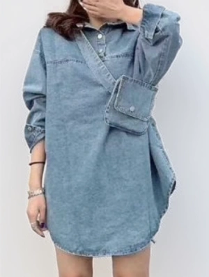 Tie-wrap Pocket Patchwork Buckle Denim Blouses