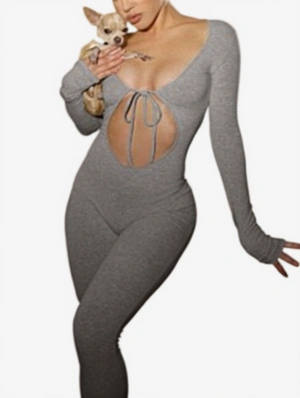Solid Lace Up Hollow Out Jumpsuit