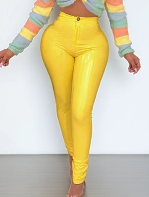 Solid Color Fitted PU High Rise Pants