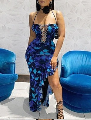 Lace Up Split Hem Print Halter Neck Dress