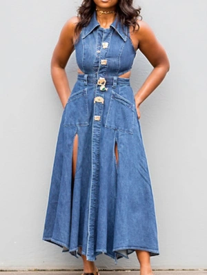 Denim Cutouts Split Hem Collar Dresses