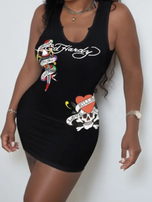 Letter Skull Printed Sleeveless Mini Dress