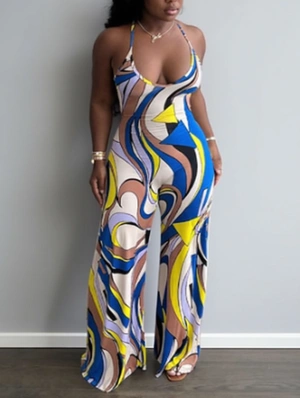 Colorblock Backless Wide Leg Jumpsuits